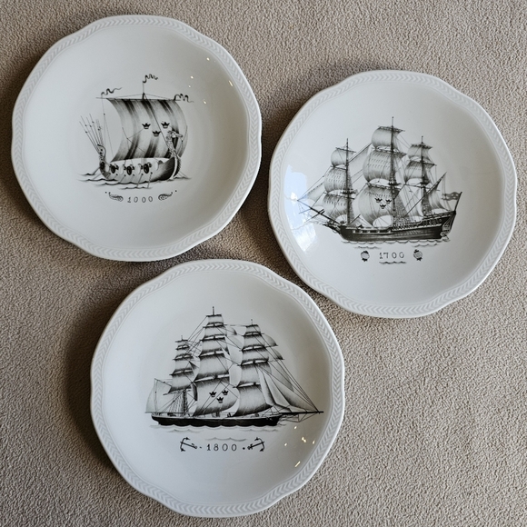 Rorstrand Sweden‎ 8” Sverige Sailing Ship Viking Porcelain Plate Vtg Set Of 3 - Picture 1 of 11